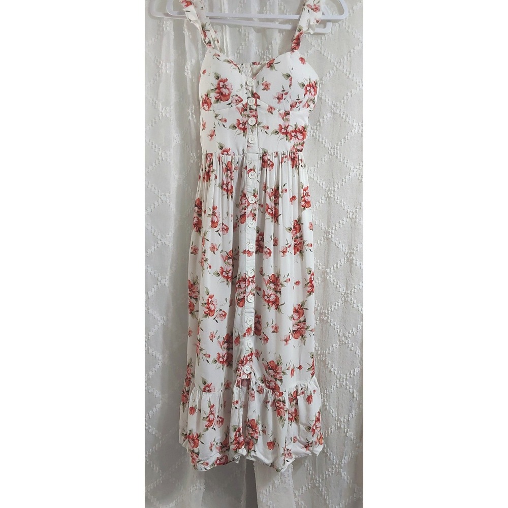 GG Collective Womens Floral Button Front Midi Dress White Red Rose Smocked Small